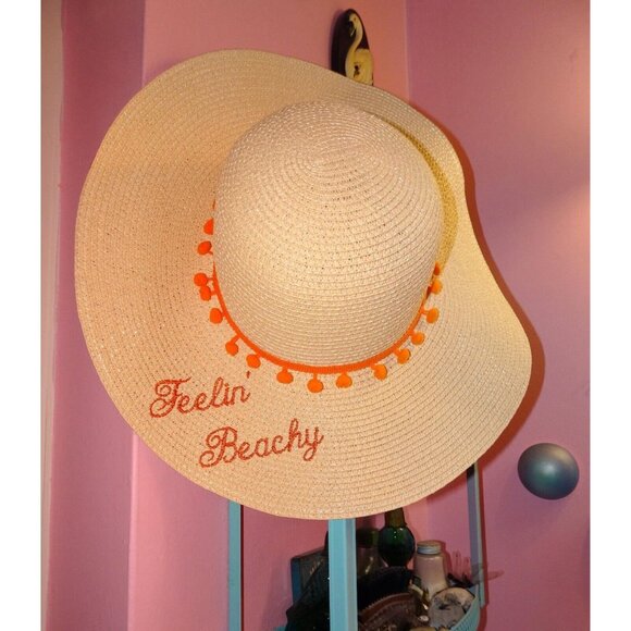 Vintage Feelin' Beachy Ivory Woven Sun Hat with orange pom pom fringe pinup - Picture 12 of 13